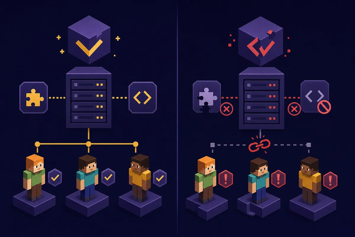 Illustrated comparison of a synchronized Verity server and common multiplayer mismatches
